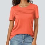 Funlingo Short Sleeve Shirts for Women 2025 Summer Dressy Casual Blouses Ladies Spring Fashion Work Scoop Neck Tops Cotton Clothing Orange L